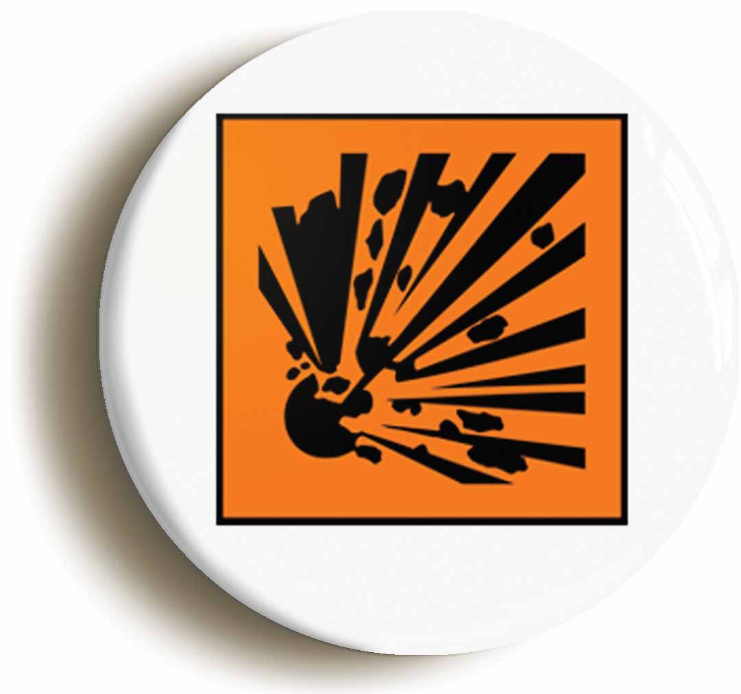 A picture of the front of the product, titled Science Explosive Hazard Symbol Geek Chic Button Pin Badge