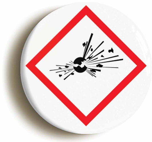 A picture of the front of the product, titled Science Hazard Explosive Geek Button Pin Badge