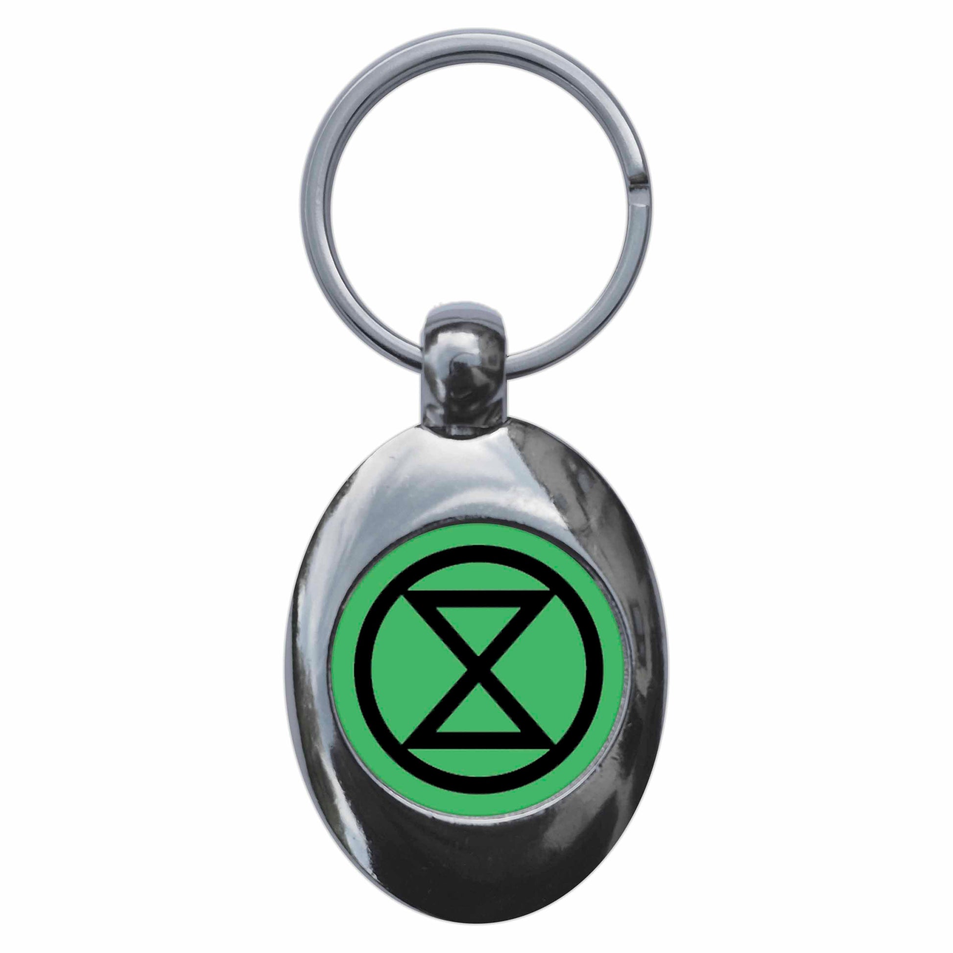 A picture of the front of the product, titled Extinction Rebellion Metal Keyring With Trolley Coin