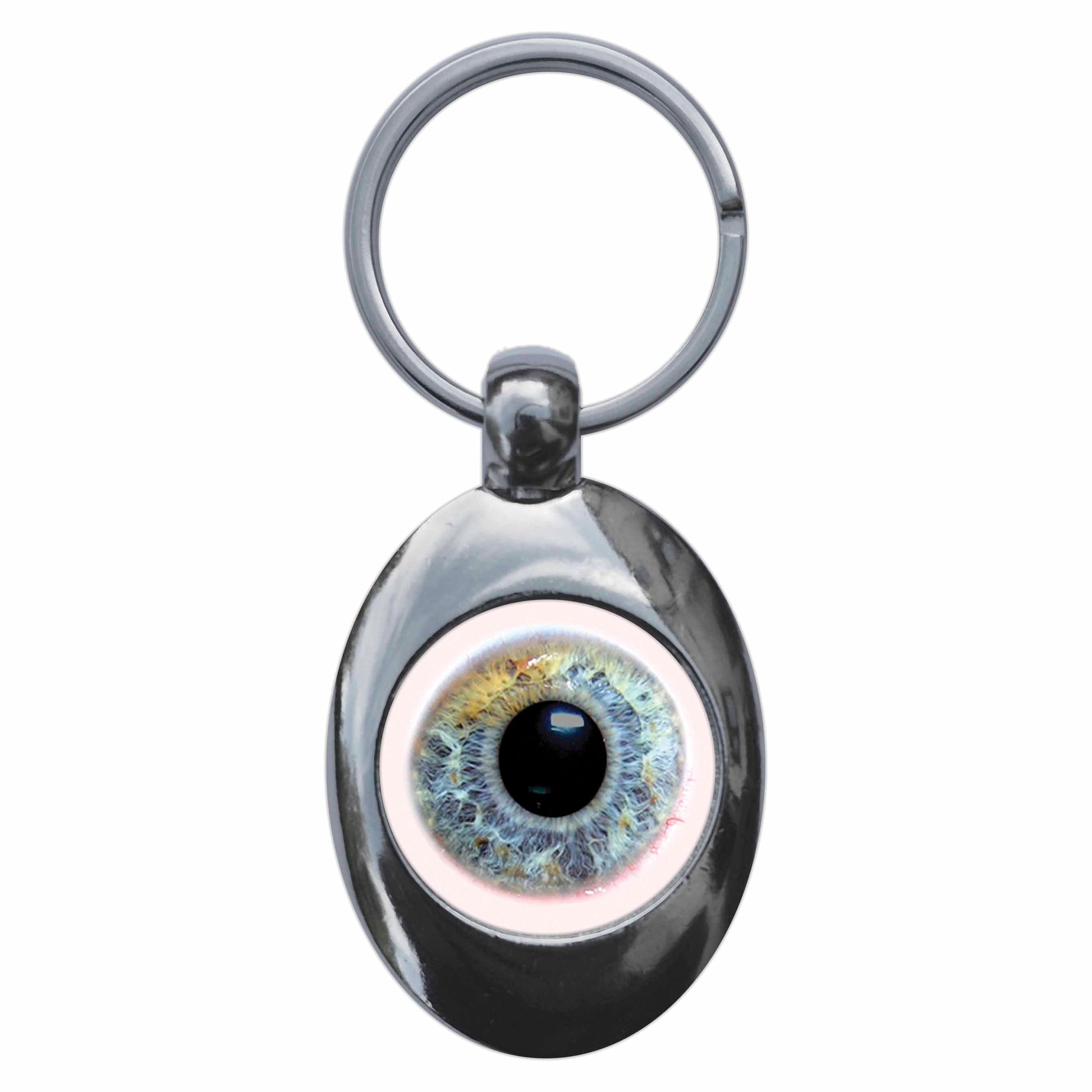 A picture of the front of the product, titled Flat Human Eyeball Metal Keyring With Trolley Coin