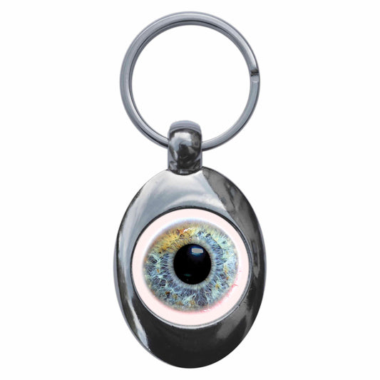 A picture of the front of the product, titled Flat Human Eyeball Metal Keyring With Trolley Coin