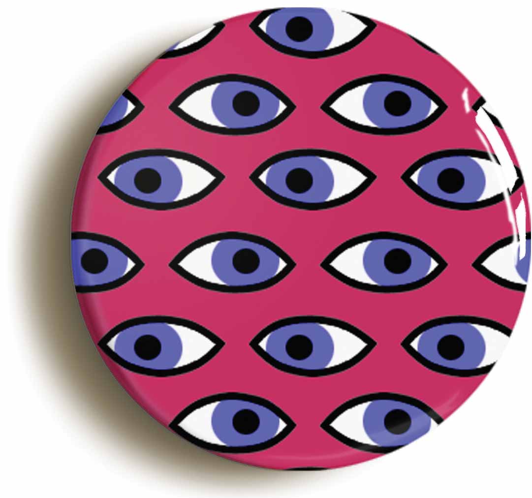 A picture of the front of the product, titled Psychedelic Eye Pattern Retro Sixties Hippie Button Pin Badge