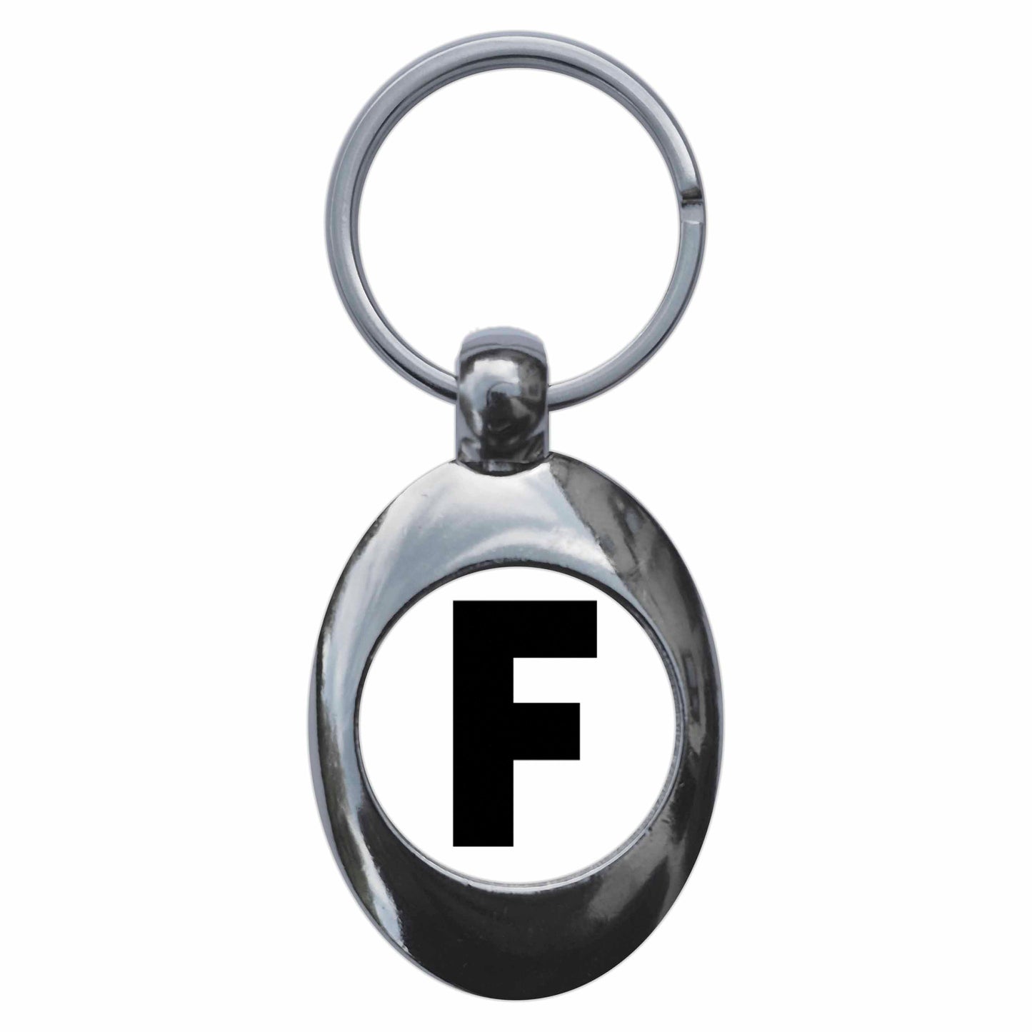 A picture of the front of the product, titled Letter F Metal Keyring With Trolley Coin