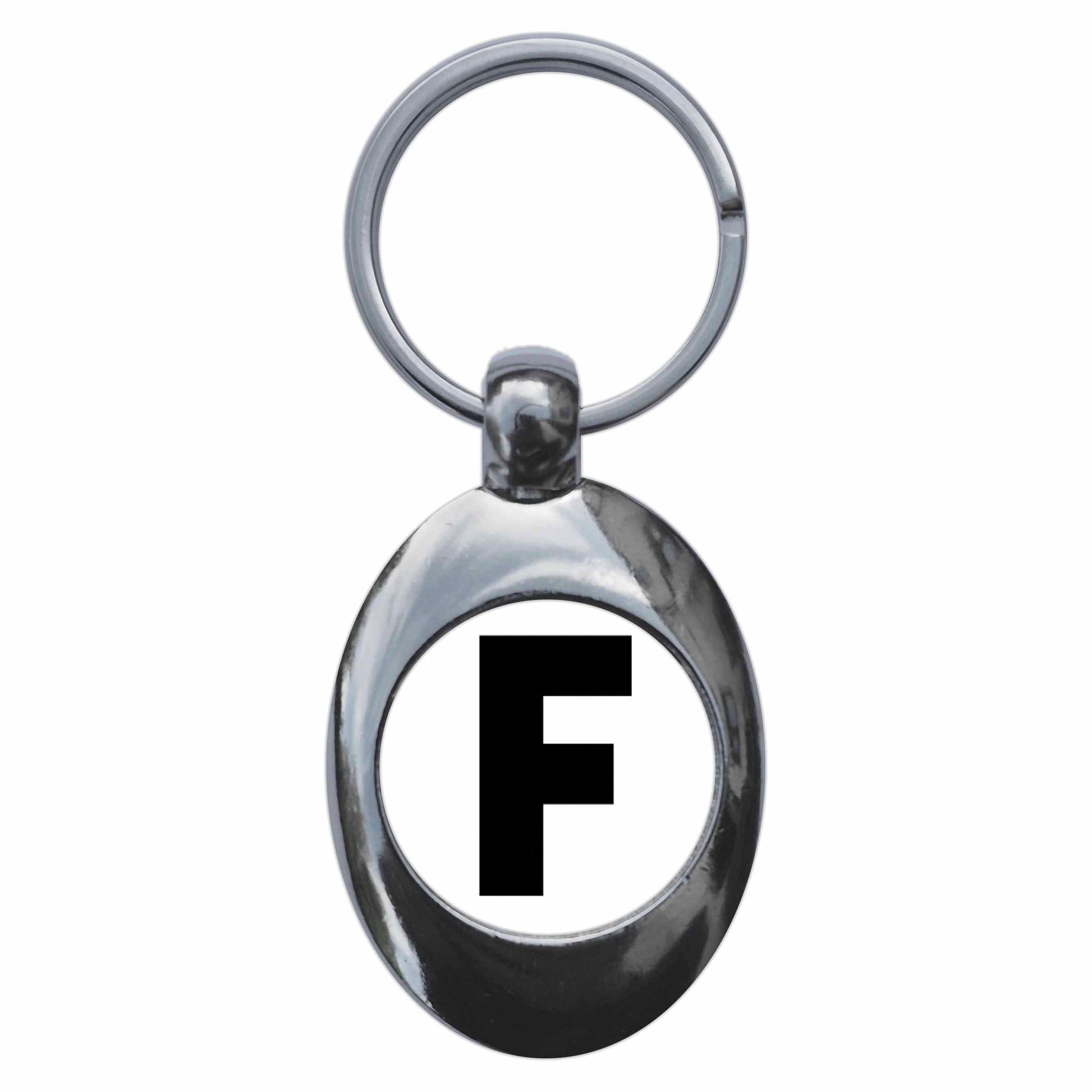 A picture of the front of the product, titled Letter F Metal Keyring With Trolley Coin
