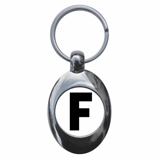 A picture of the front of the product, titled Letter F Metal Keyring With Trolley Coin