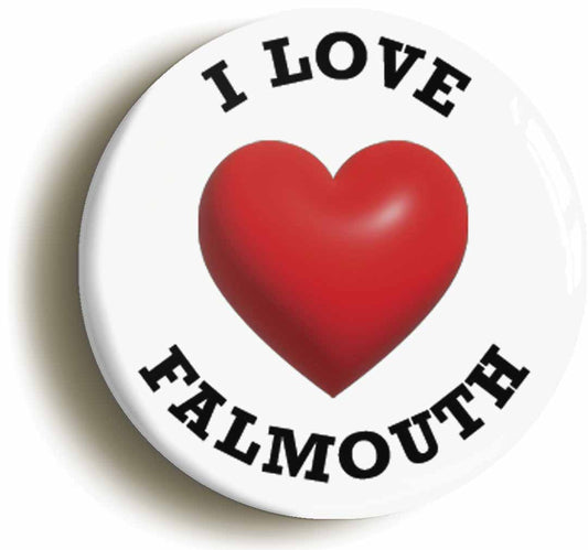 A picture of the front of the product, titled I Heart Love Falmouth Location Circular 50mm Fridge Magnet