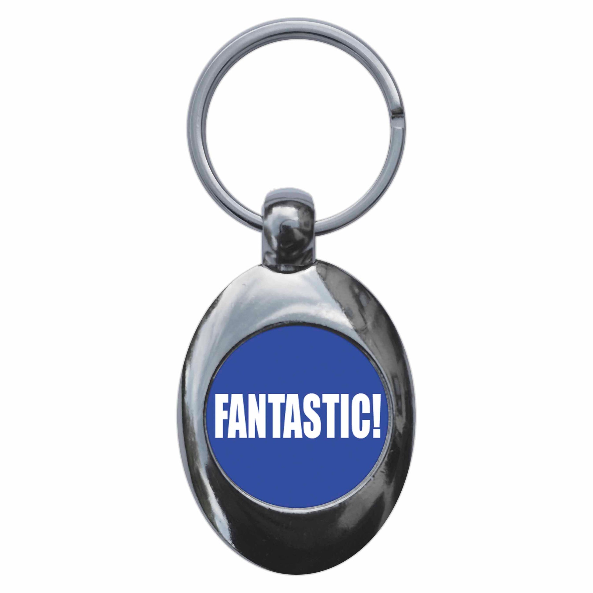A picture of the front of the product, titled Fantastic Metal Keyring With Trolley Coin