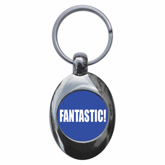 A picture of the front of the product, titled Fantastic Metal Keyring With Trolley Coin