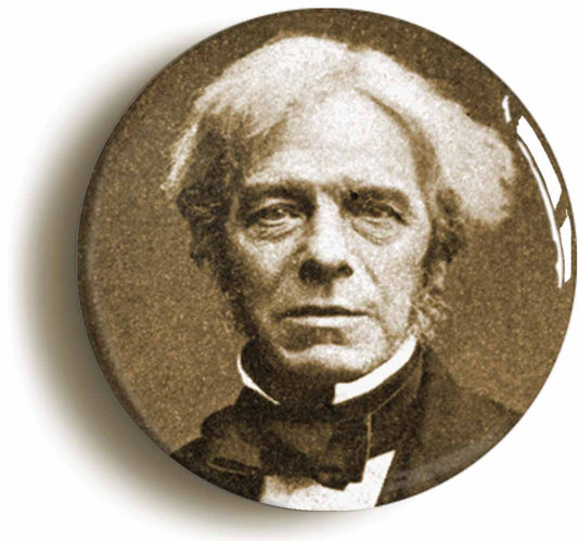 A picture of the front of the product, titled Michael Faraday Science Electricity Button Pin Badge