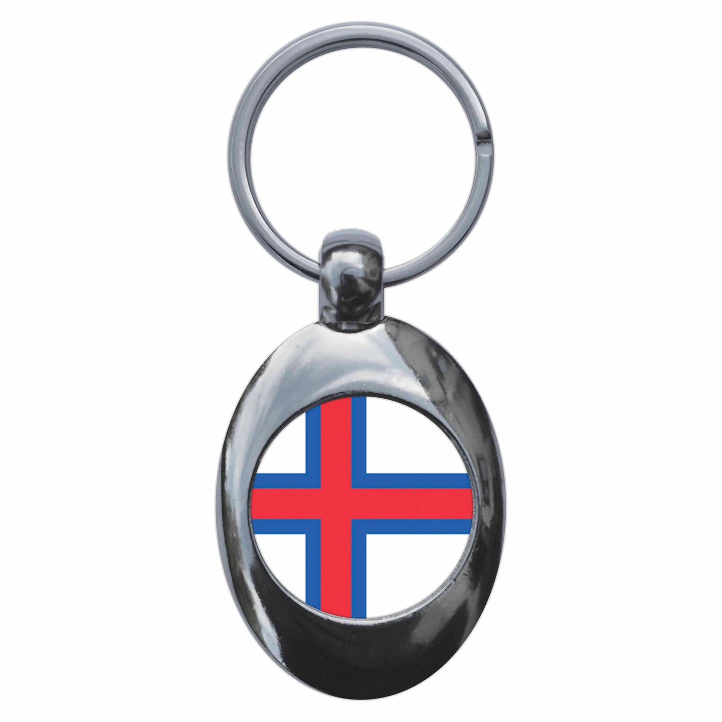 A picture of the front of the product, titled Faroe Islands National Flag Metal Keyring With Trolley Coin