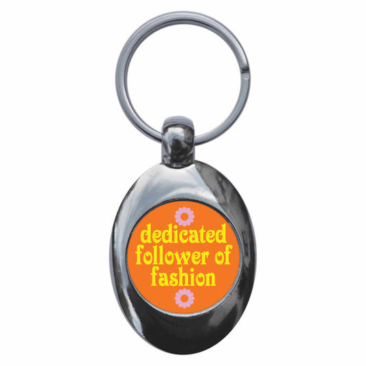 A picture of the front of the product, titled Dedicated Follower Of Fashion Metal Keyring With Trolley Coin