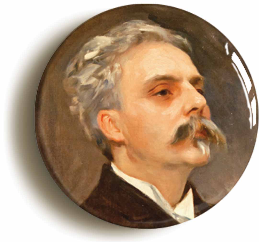 A picture of the front of the product, titled Gabriel Faure Classical Music Button Pin Badge