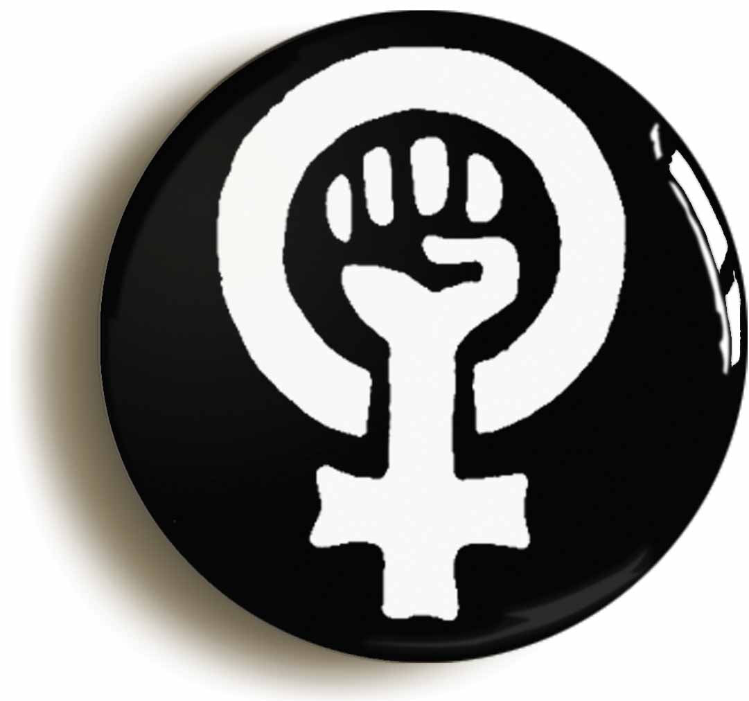 A picture of the front of the product, titled Feminist Fist Symbol Black Button Pin Badge