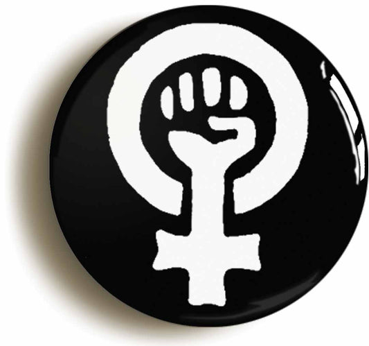 A picture of the front of the product, titled Feminist Fist Symbol Black Button Pin Badge
