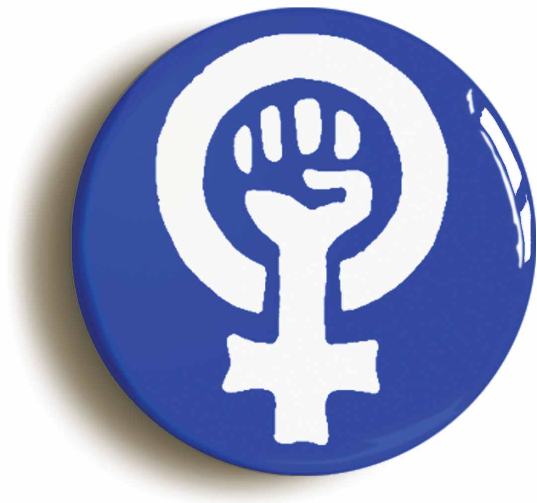 A picture of the front of the product, titled Feminist Fist Symbol Blue Feminism Button Pin Badge