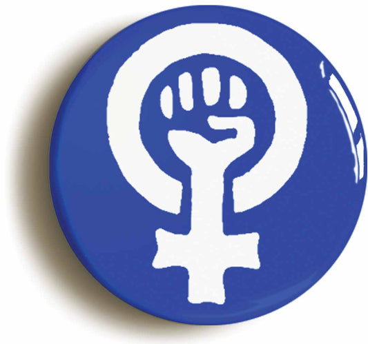 A picture of the front of the product, titled Feminist Fist Symbol Blue Feminism Button Pin Badge