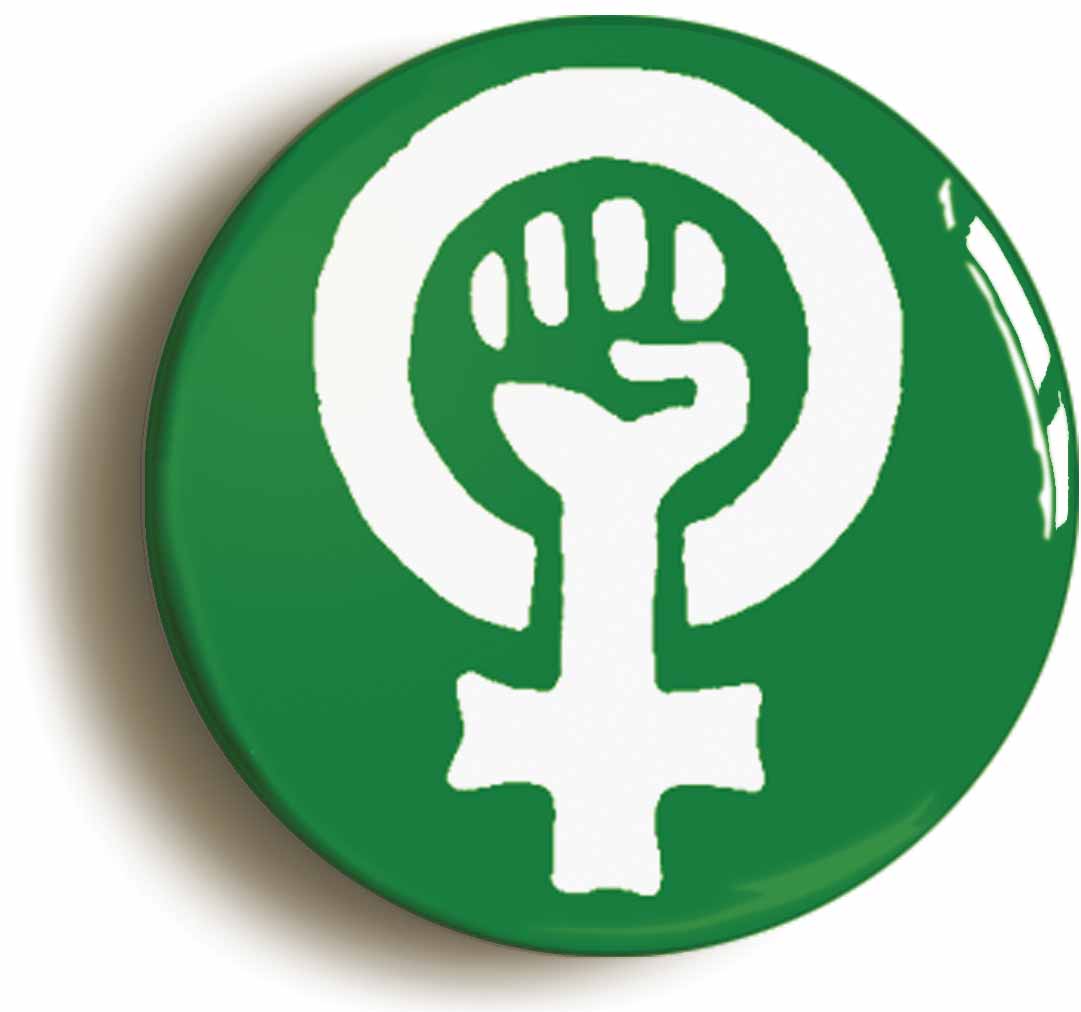 A picture of the front of the product, titled Feminist Fist Symbol Green Feminism Button Pin Badge