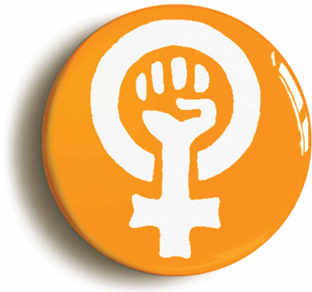 A picture of the front of the product, titled Feminist Fist Symbol Orange Feminism Button Pin Badge