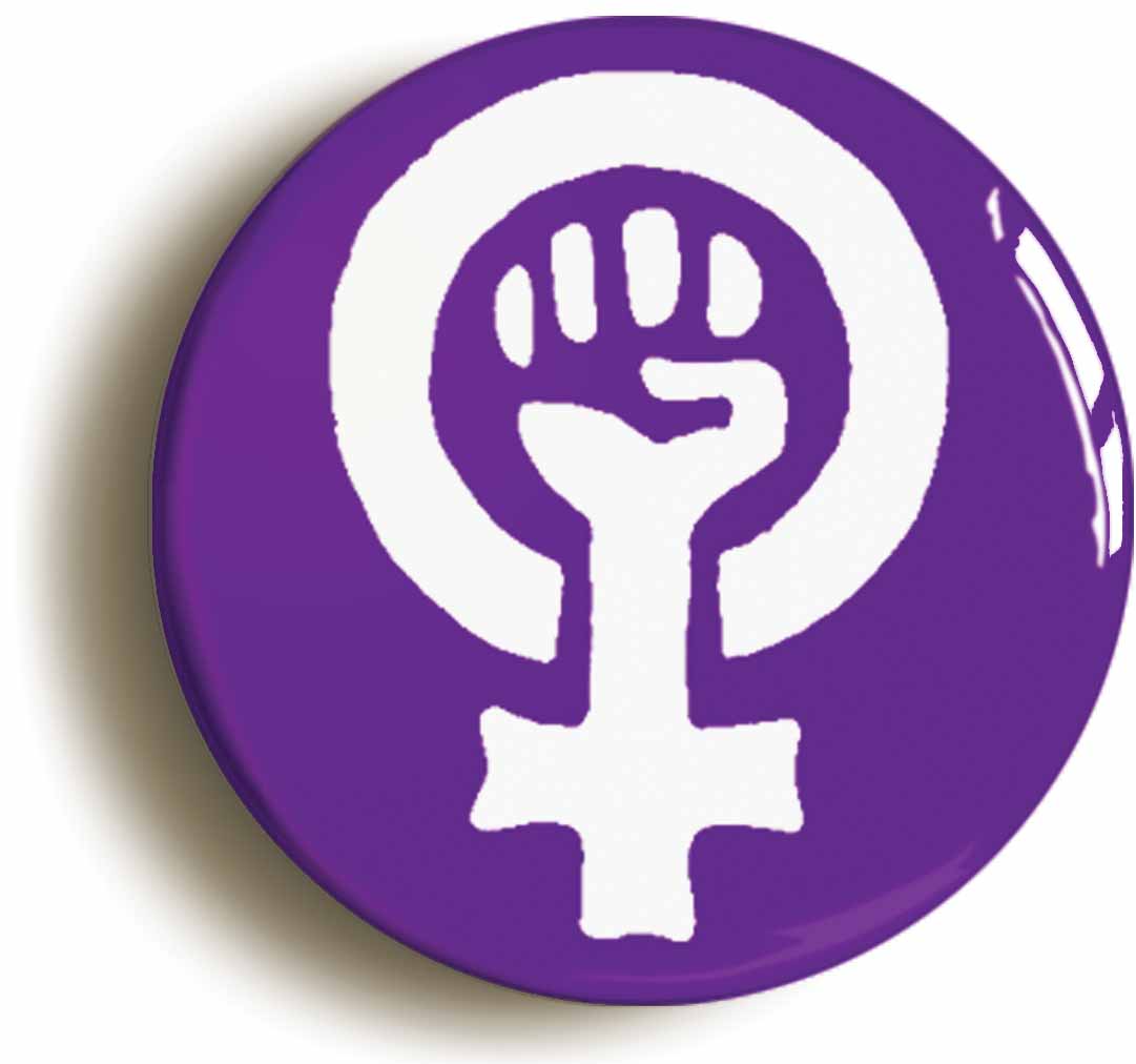 A picture of the front of the product, titled Feminist Fist Symbol Purple Feminism Button Pin Badge