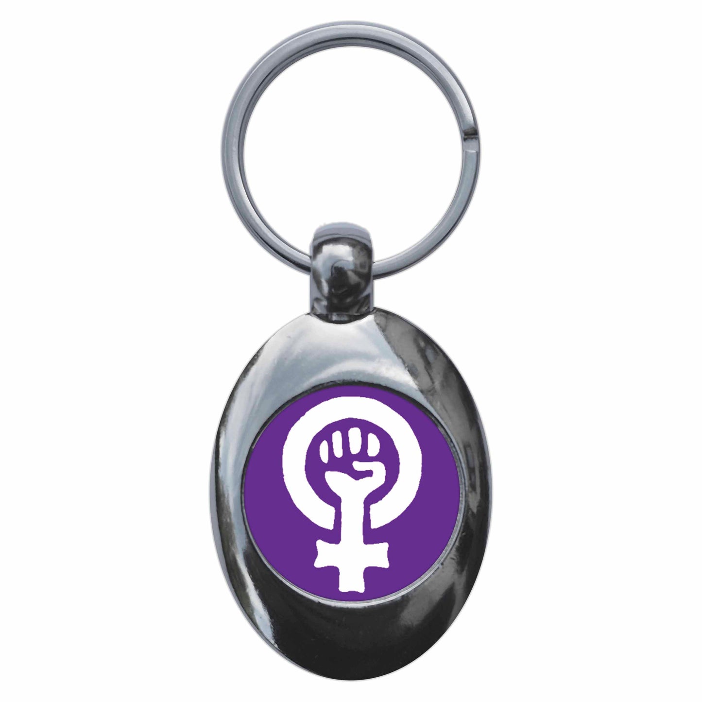 A picture of the front of the product, titled Purple Feminist Fist Metal Keyring With Trolley Coin