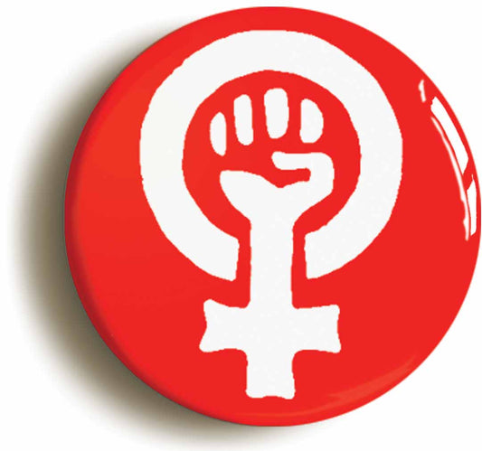 A picture of the front of the product, titled Feminist Fist Symbol Red Feminism Button Pin Badge