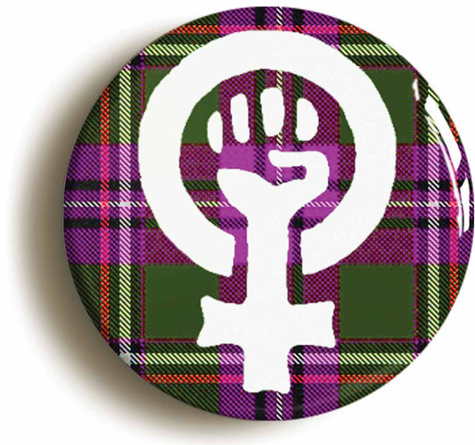 A picture of the front of the product, titled Tartan Feminist Fist Button Pin Badge