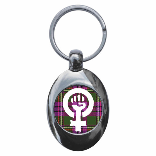 A picture of the front of the product, titled Tartan Feminist Fist Metal Keyring With Trolley Coin