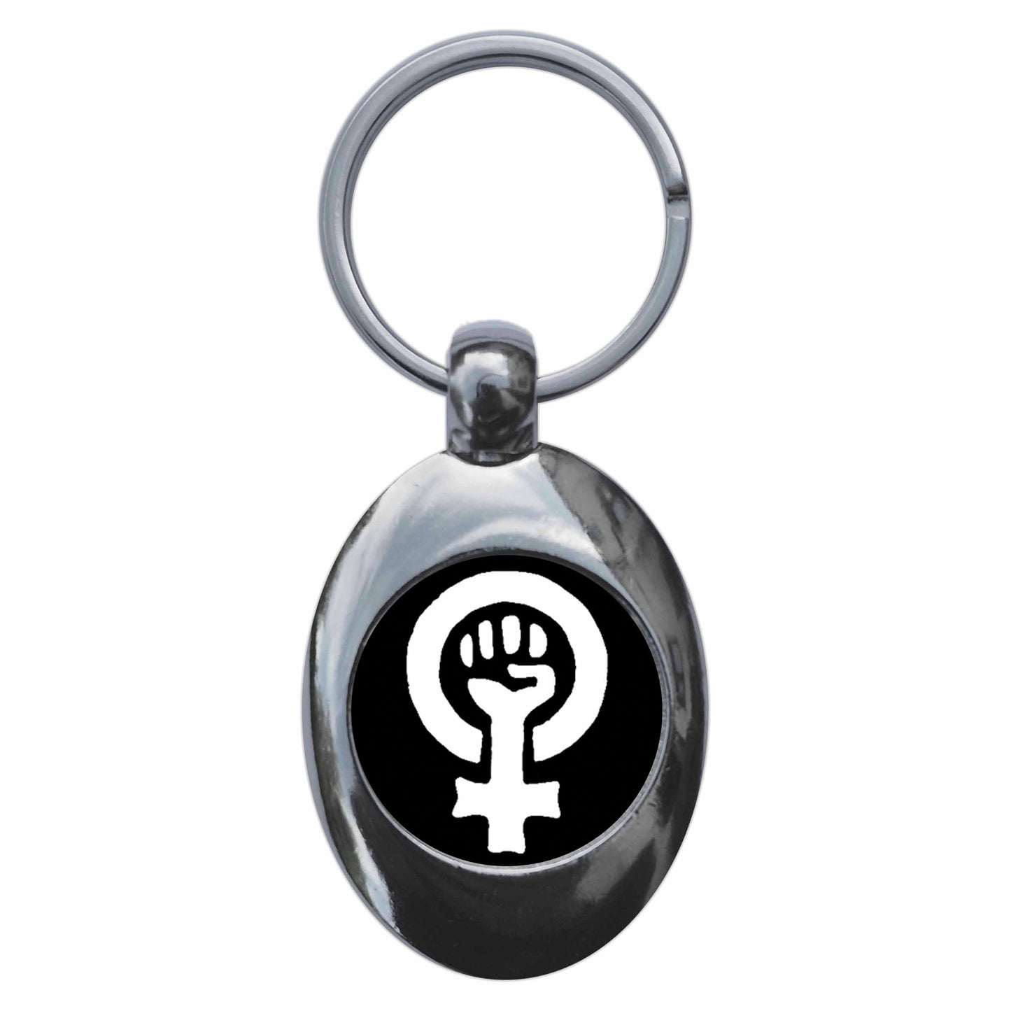 A picture of the front of the product, titled Feminist Fist Metal Keyring With Trolley Coin