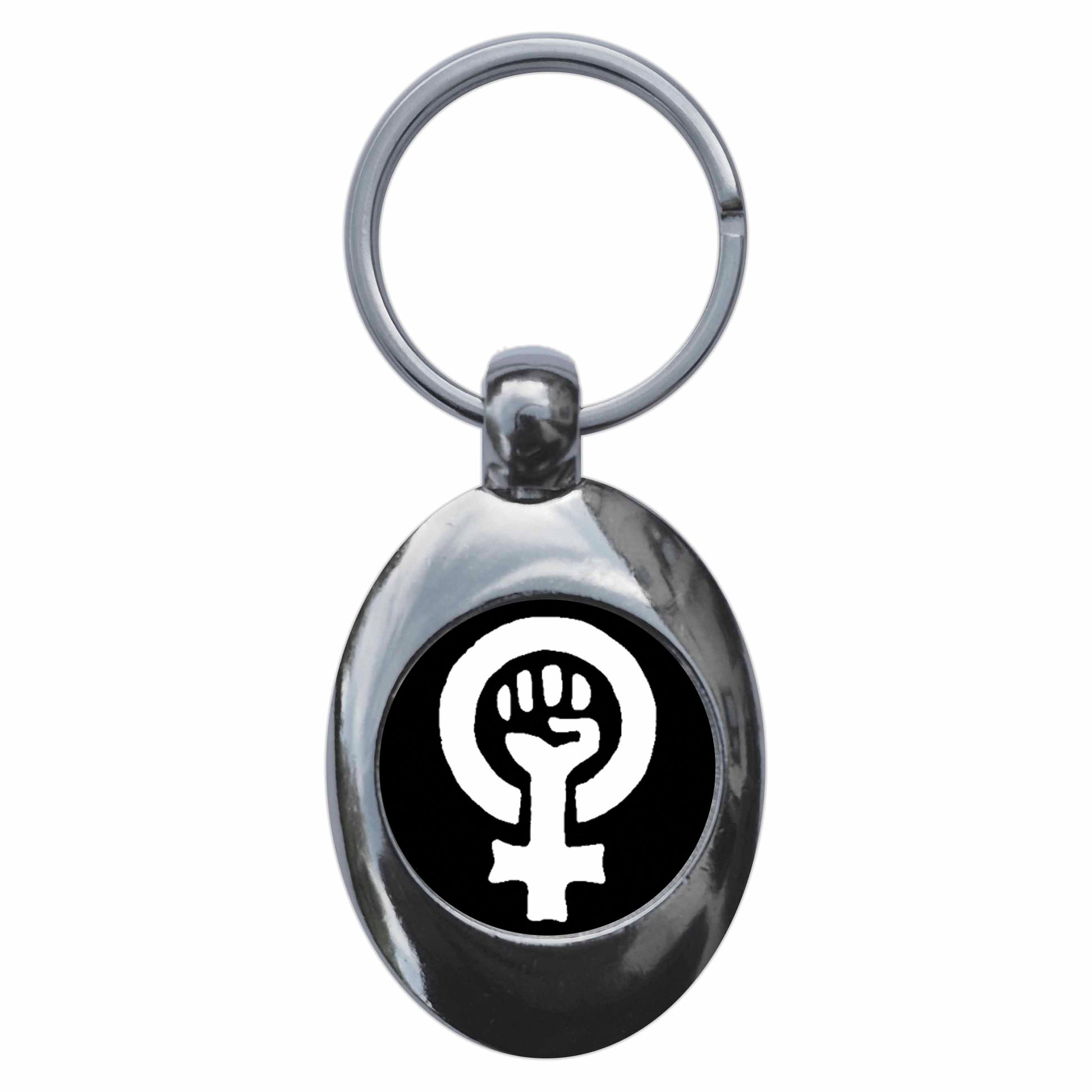 A picture of the front of the product, titled Feminist Fist Metal Keyring With Trolley Coin