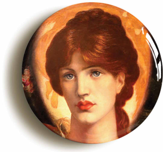 A picture of the front of the product, titled Dante Gabriel Rossetti Vision Of Fiammetta Circular 50mm Fridge Magnet