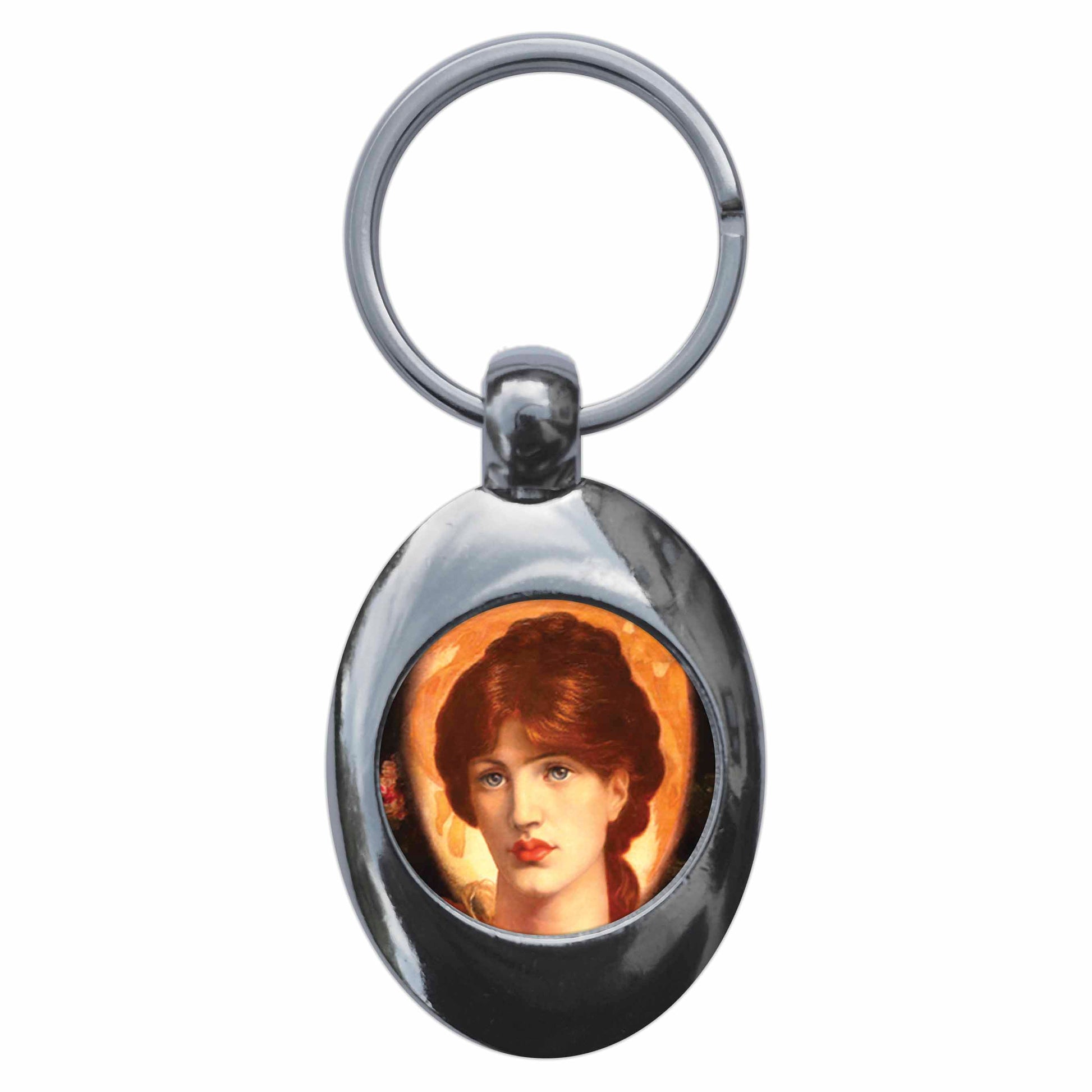 A picture of the front of the product, titled Dante Gabriel Rossetti Vision Of Fiammetta Metal Keyring With Trolley Coin