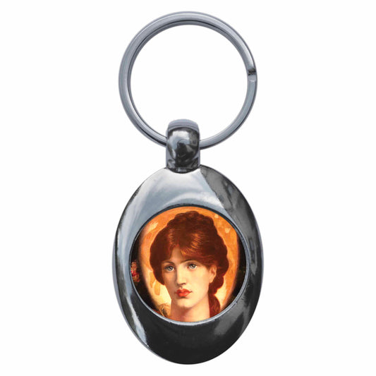 A picture of the front of the product, titled Dante Gabriel Rossetti Vision Of Fiammetta Metal Keyring With Trolley Coin