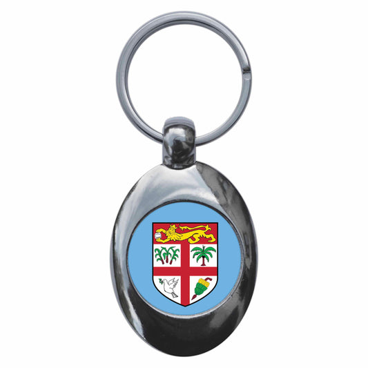 A picture of the front of the product, titled Fiji Fijian National Flag Metal Keyring With Trolley Coin