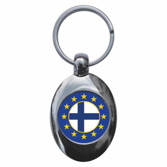 A picture of the front of the product, titled Finland European Union Split Flag Metal Keyring With Trolley Coin
