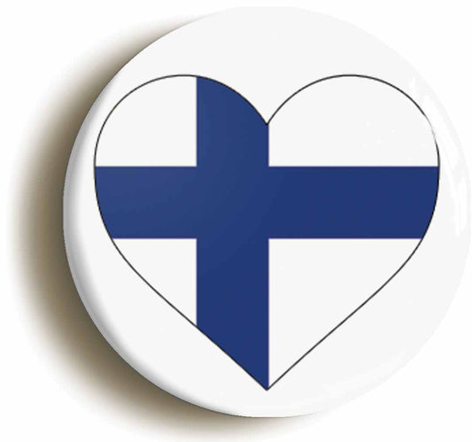 A picture of the front of the product, titled Finland Finnish Flag Heart Button Pin Badge