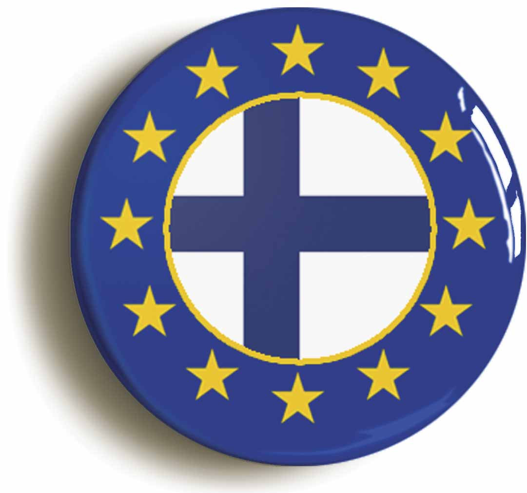A picture of the front of the product, titled Finland European Union Split Flag Button Pin Badge