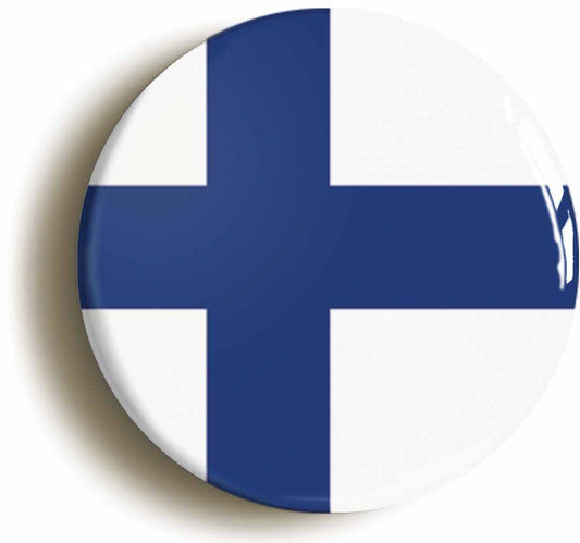 A picture of the front of the product, titled Finland Finnish National Flag Circular 50mm Fridge Magnet