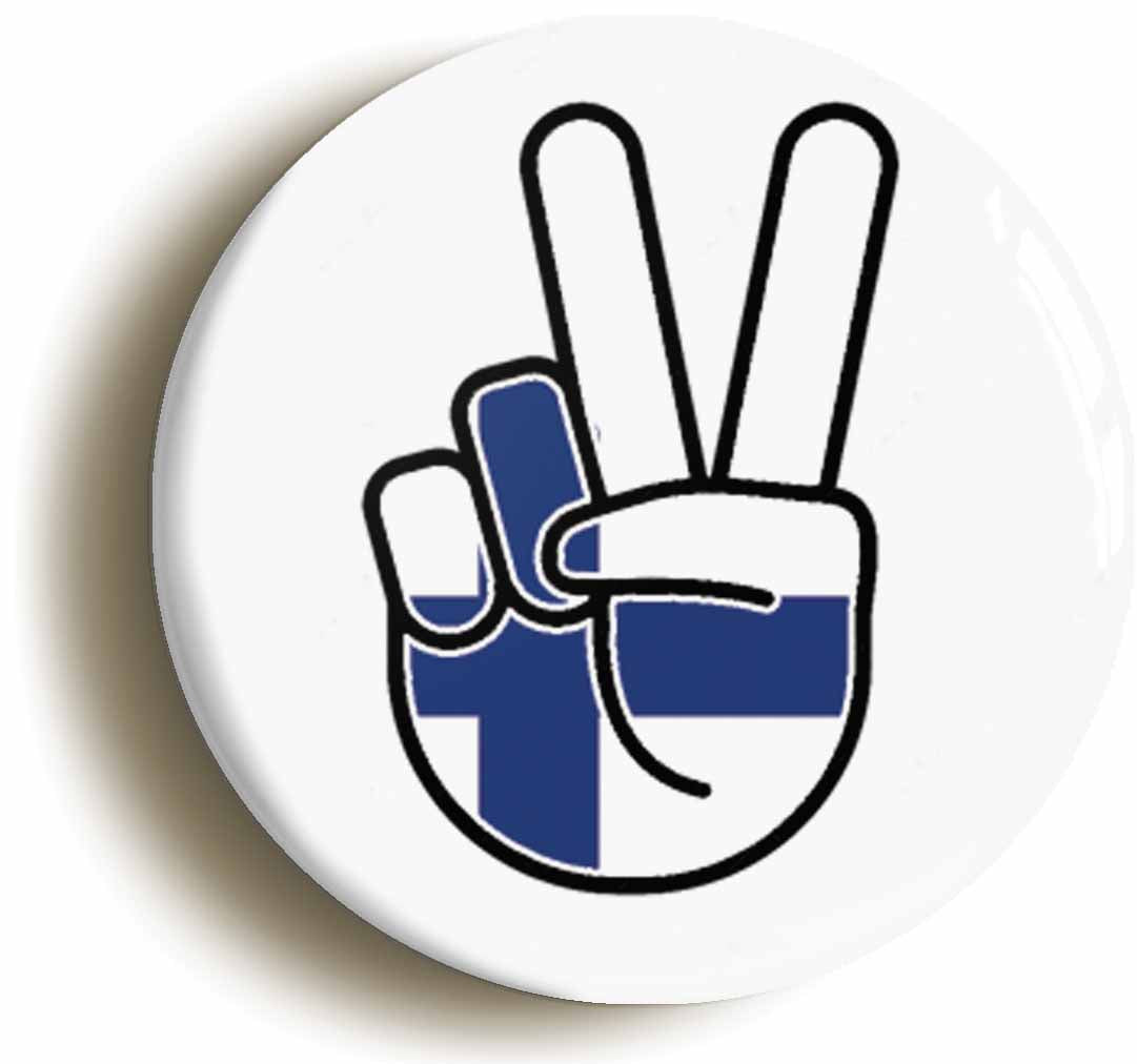 A picture of the front of the product, titled Finland Finnish National Flag Peace Sign V Button Pin Badge