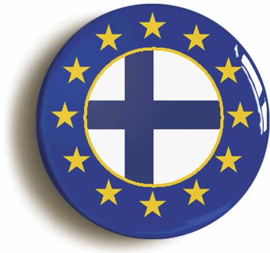 A picture of the front of the product, titled Finland European Union Split Flag Circular 50mm Fridge Magnet