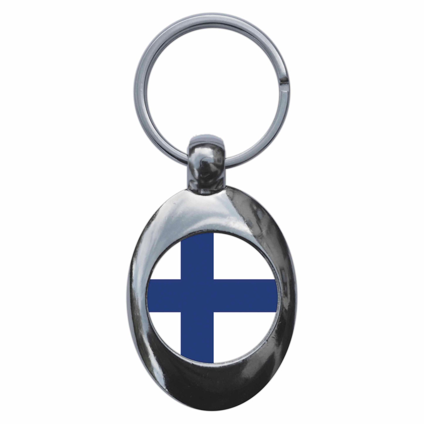 A picture of the front of the product, titled Finland Finnish National Flag Metal Keyring With Trolley Coin