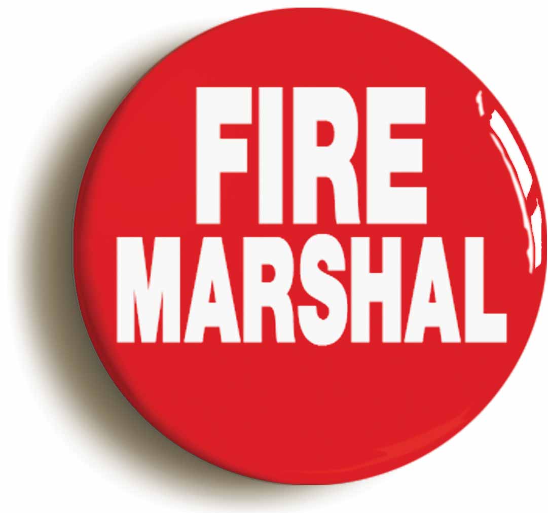 A picture of the front of the product, titled Fire Marshal Button Pin Badge