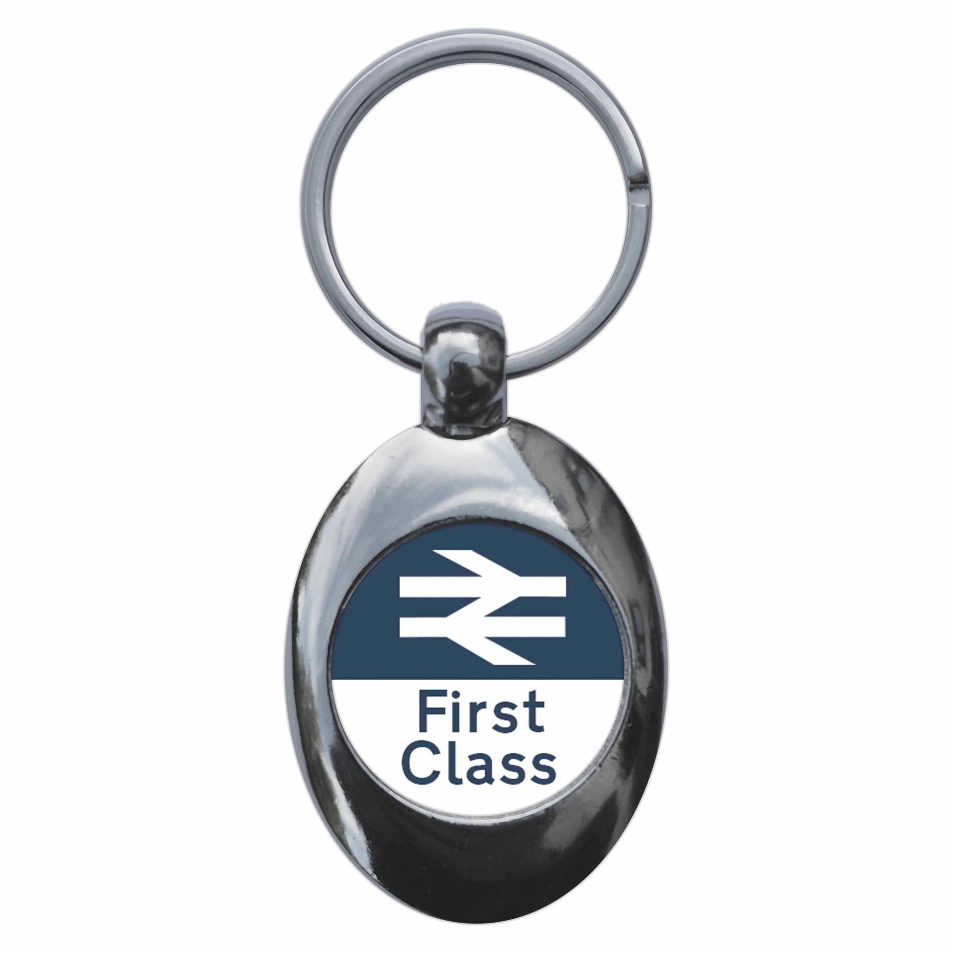 A picture of the front of the product, titled 1st First Class British Rail Metal Keyring With Trolley Coin