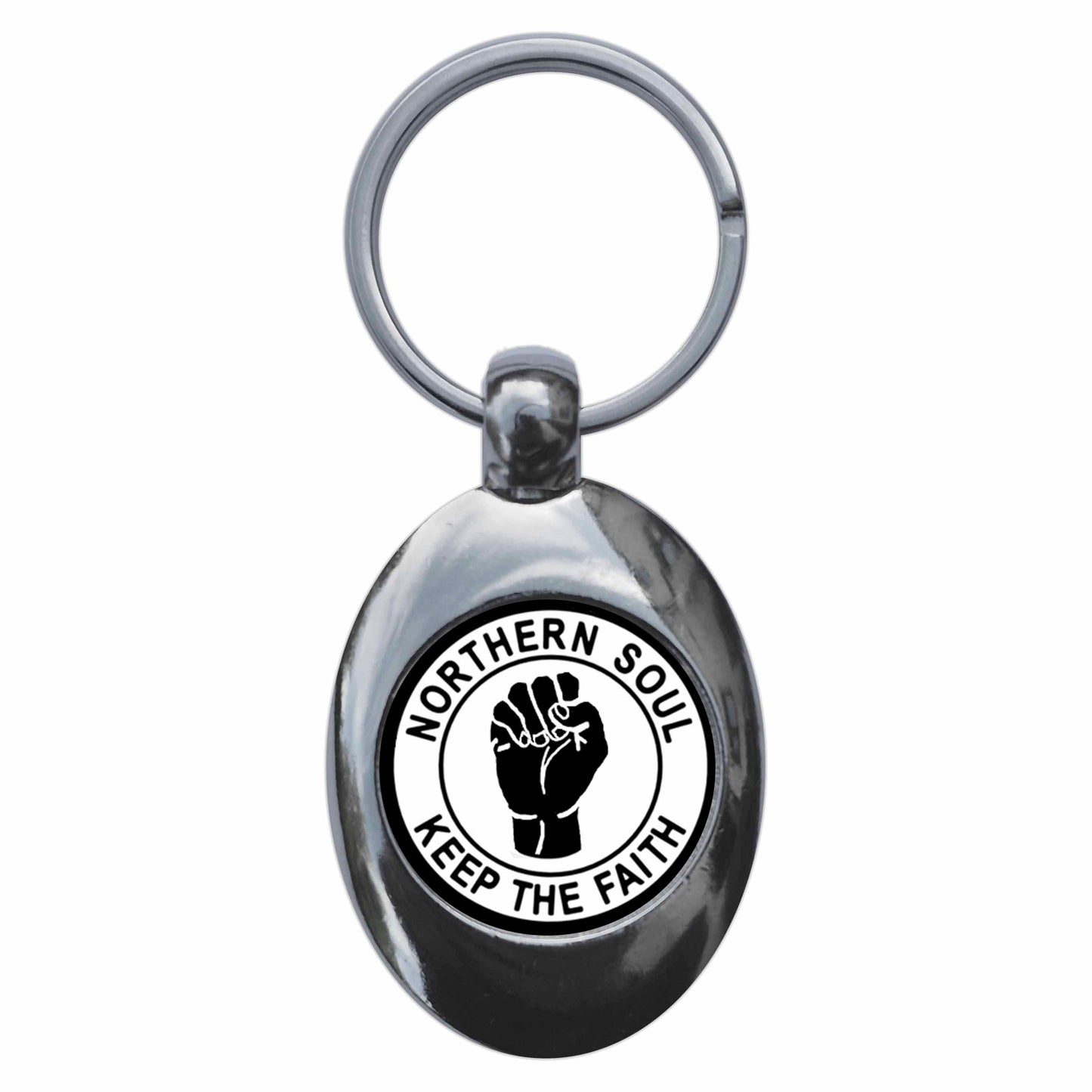 A picture of the front of the product, titled Northern Soul Keep The Faith Metal Keyring With Trolley Coin
