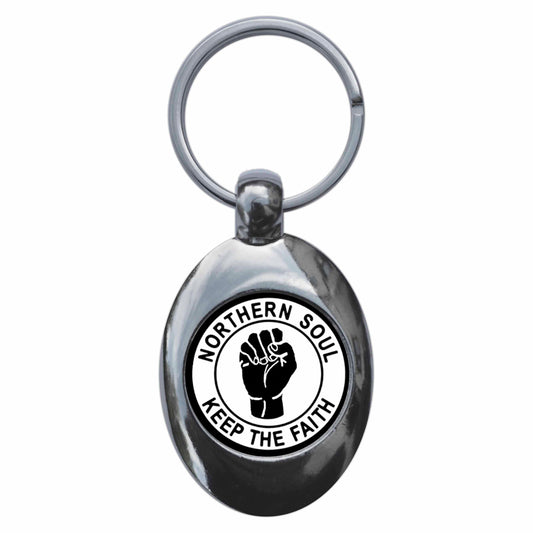 A picture of the front of the product, titled Northern Soul Keep The Faith Metal Keyring With Trolley Coin