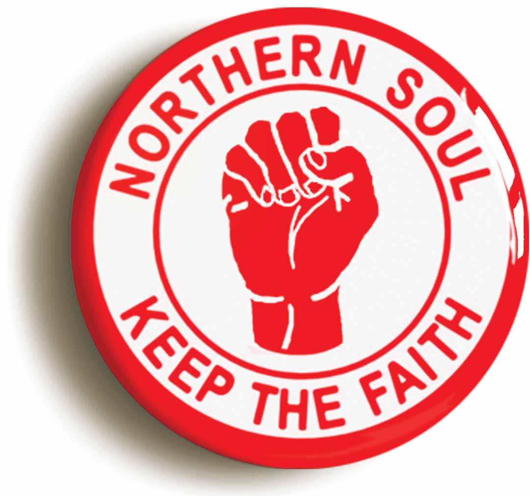 A picture of the front of the product, titled Northern Soul Keep The Faith Red Button Pin Badge