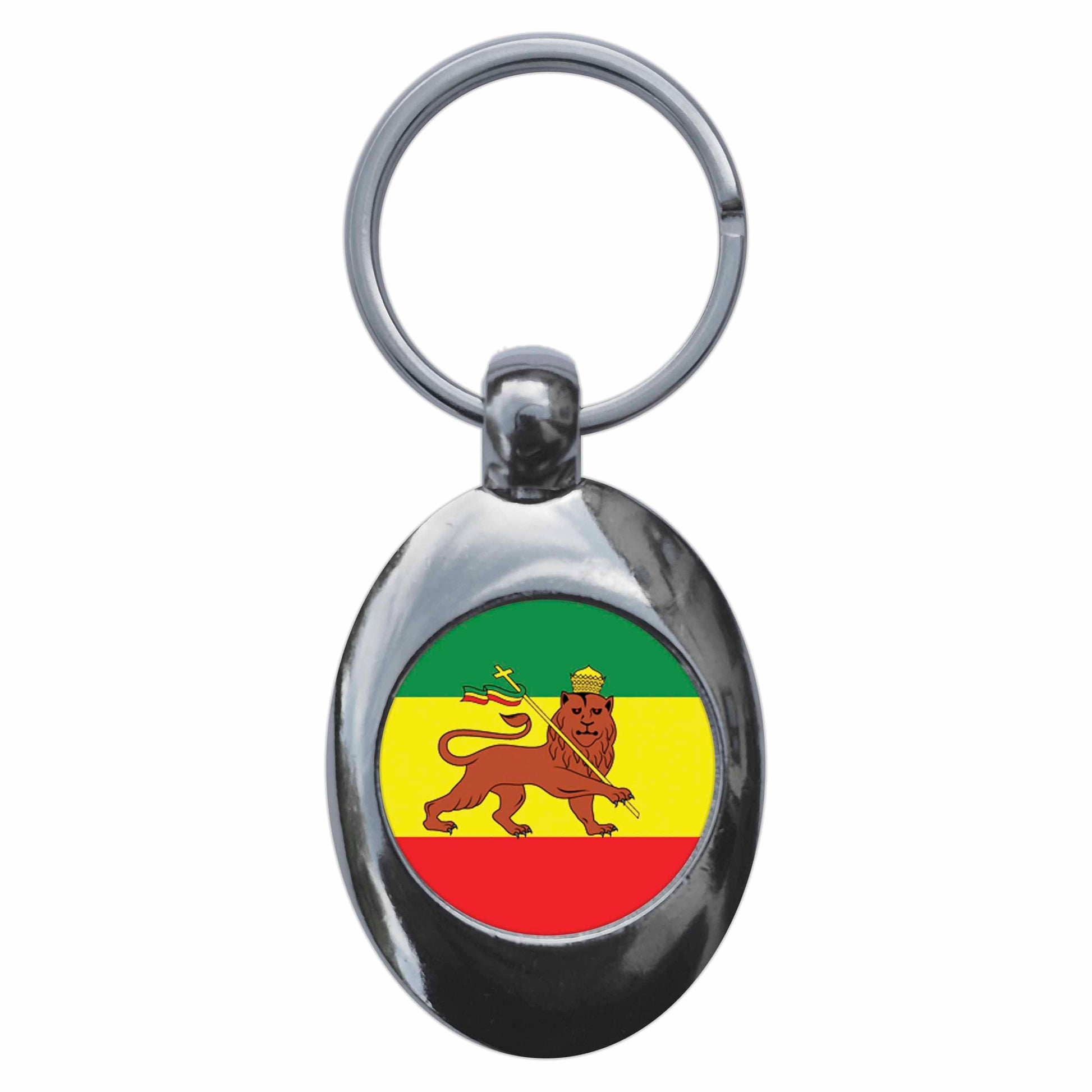 A picture of the front of the product, titled Imperial Ethiopia Flag Metal Keyring With Trolley Coin