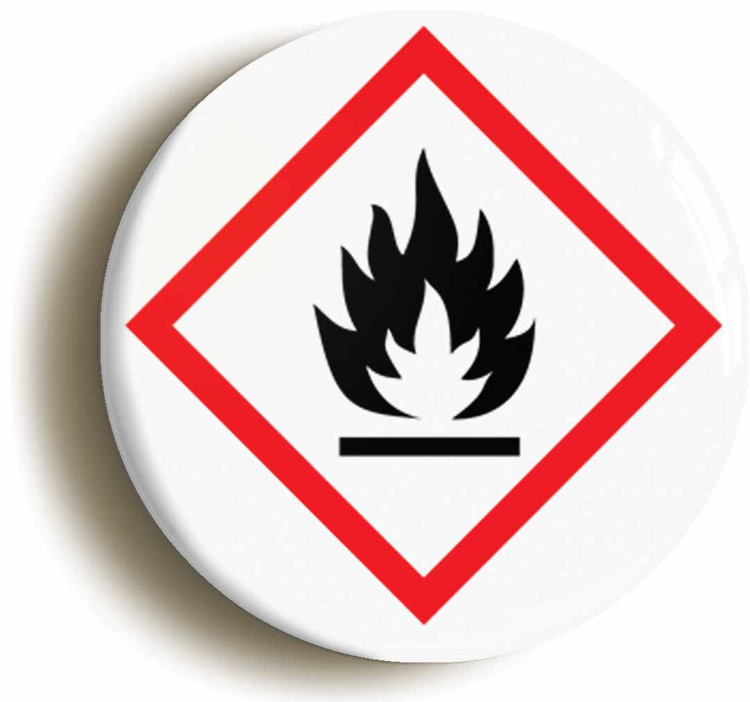 A picture of the front of the product, titled Science Hazard Flammable Geek Button Pin Badge