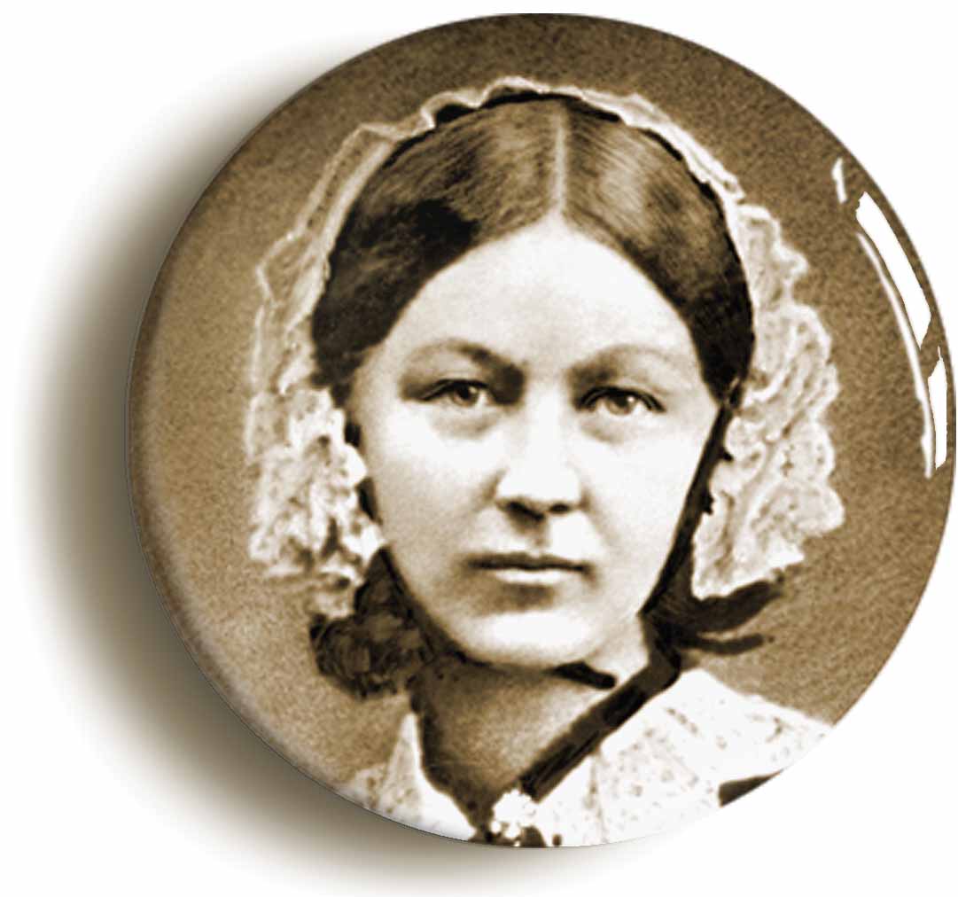 A picture of the front of the product, titled Florence Nightingale Nurse Button Pin Badge