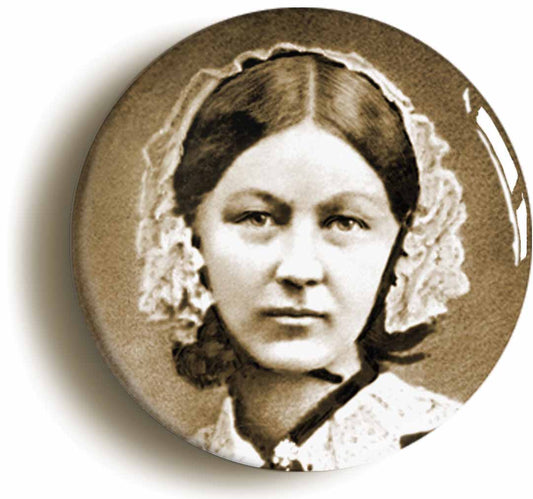 A picture of the front of the product, titled Florence Nightingale Nurse Button Pin Badge