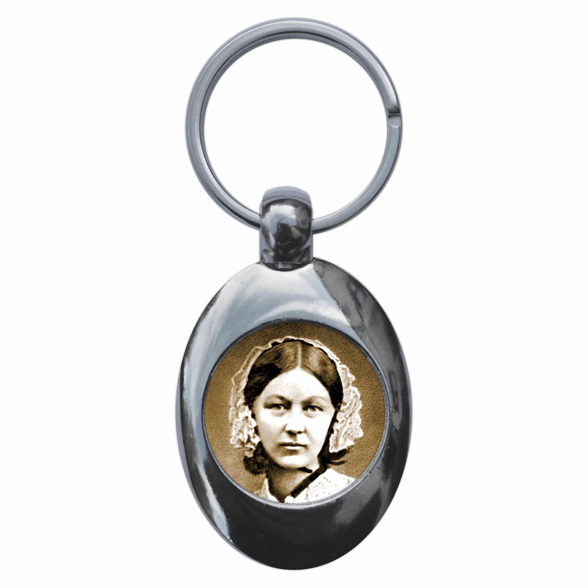 A picture of the front of the product, titled Florence Nighingale Metal Keyring With Trolley Coin